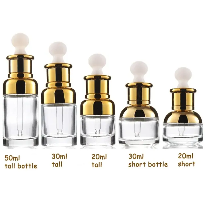 Gold Glass Dropper Bottle 20 30 50ml Luxury Serum Bottles with Shinny Cap for Essential Oil