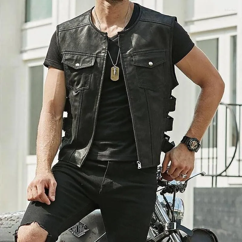 Coletes masculinos jaqueta de couro estilo motocicleta com zíper fino sem mangas PU casacos streetwear roupas masculinas moda ciclismo jaquetas curtas