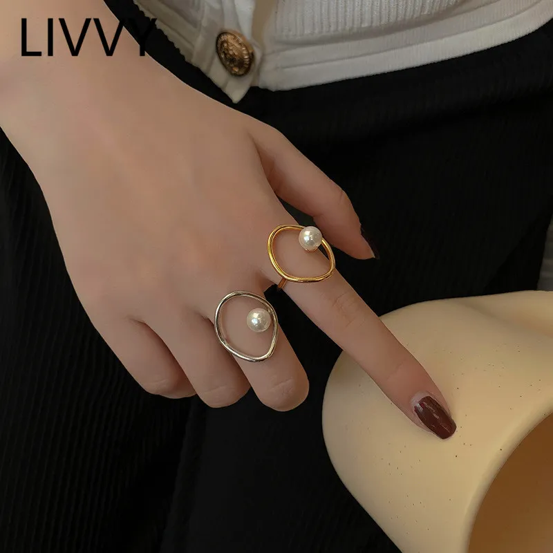 LIVVY Nieuwe Mode Zilveren Kleur Verstelbare Parel Ringen Voor Vrouwen Eenvoudige Frankrijk Holle Geometrische Elegante Bruiloft Sieraden