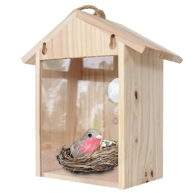 Cages à oiseaux Blue Birds House Fenêtre en bois Birdhouse Nid résistant aux intempéries Conçu avec perchoir Arrière transparent pour Easy Watch 230719