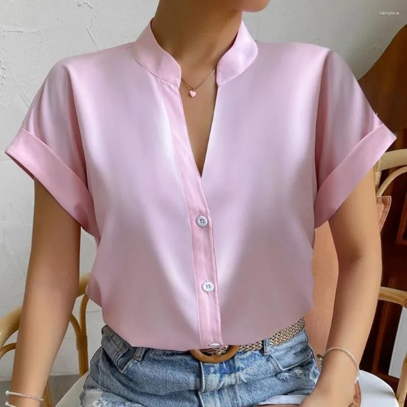 Women's Blouses Women Shirt V Neck Stand Collar Single-breasted Short Sleeve Solid Color Silky Smooth Formal OL Commute Style Lady Top