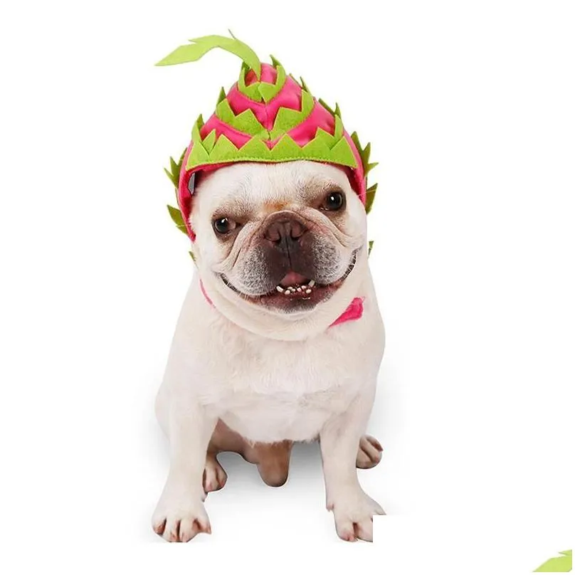 Abbigliamento per cani Costume per animali domestici Copricapo per gatti Halloween Dragon Fruit Design Cappello Berretto regolabile per Natale Festival Tema di compleanno Drop Delivery Dhsy4