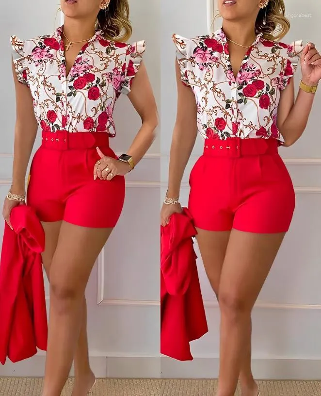 Dames Trainingspakken Geometrisch Print Flutter Sleeve Button Top Pocket Shorts Set Mode Elegant Tweedelig 2023 Zomer Collectie