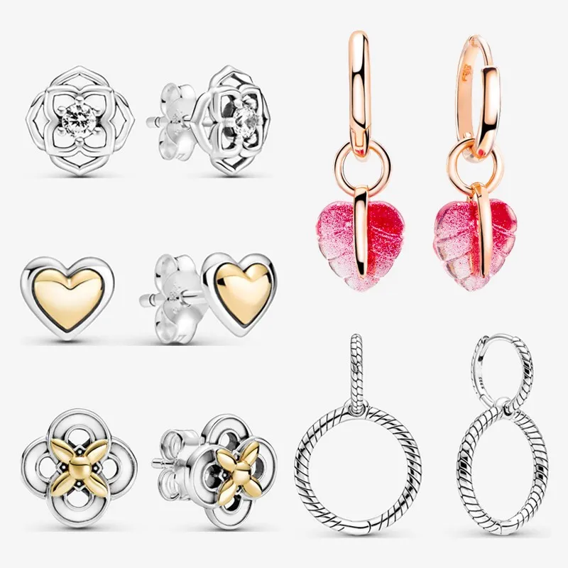 Authentique S925 Sterling Silver Rose Double Couleur Fleur Double Anneau Chaîne Boucles D'oreilles Femmes Mode Pandora Boucles D'oreilles En Argent Bijoux Cadeau