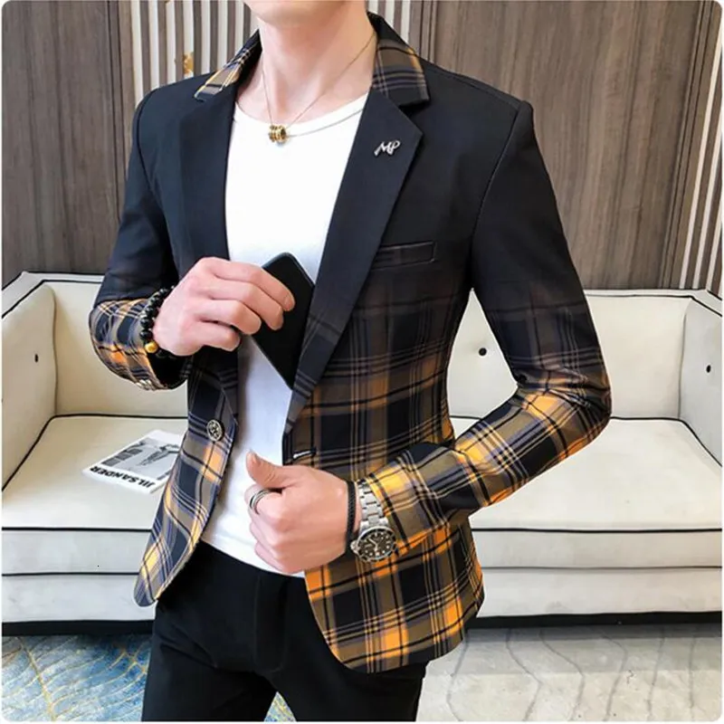 Ternos Masculinos Blazers Primavera Xadrez Blazer Moda Negócios Casual Magro Jaqueta Tamanho Grande Banquete Festa de Casamento Vestido Clube 230720