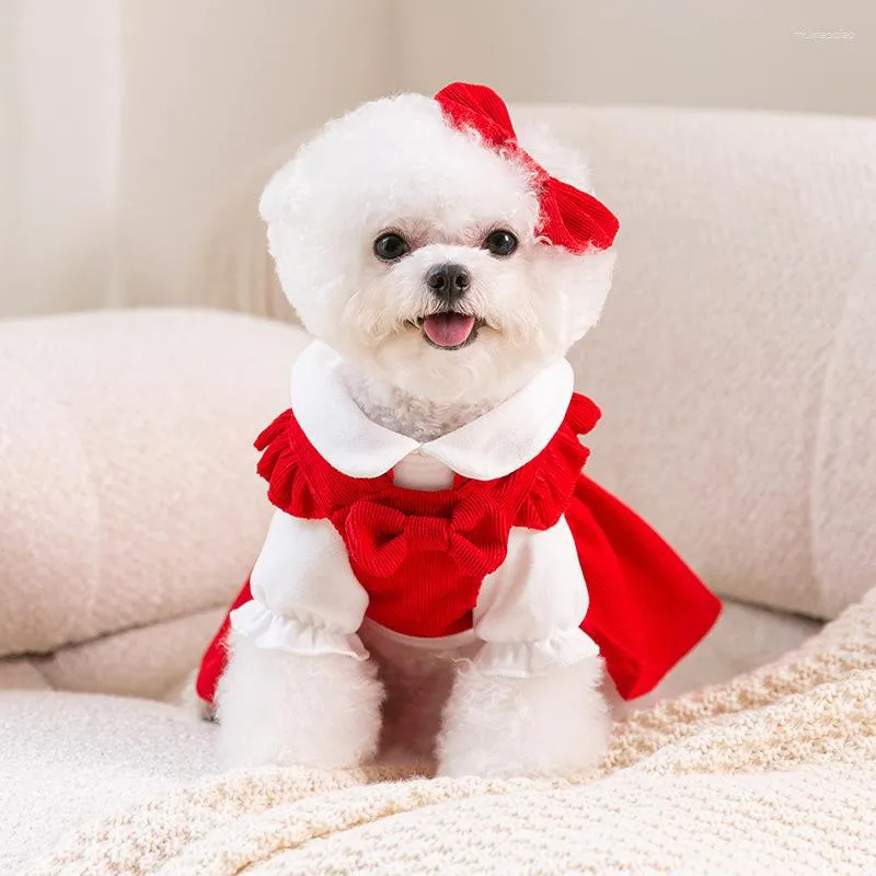 犬のアパレル子犬弓のノットドレスセット冬の温かい服ペットクリスマスプリンセステディソリッドカラースカート