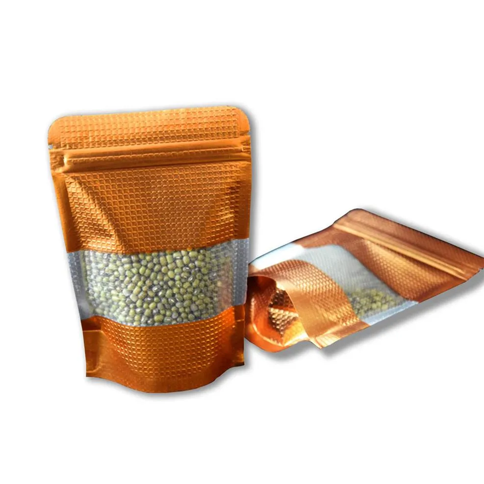100Pcs Lot 9 13cm Gold Stand Up Doypack Aluminum Foil ZipLock Food Package Bags Heat Sear Open Top Embossed With Window Reclosable272f