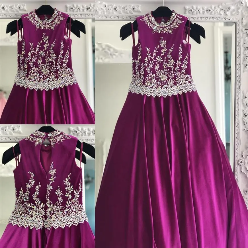 fuchsia velvet dresses for teens 2019 Crystals Rhinestones Long Pageant Gowns for Little Girls Beaded High Neck Formal Par314a