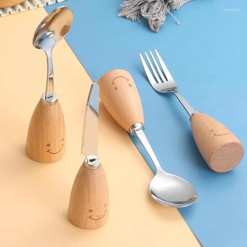 Juegos de vajilla Cubiertos de acero inoxidable para niños con mango de madera Cuchillo Tenedor y cuchara para niños Vajilla de viaje portátil Cocina