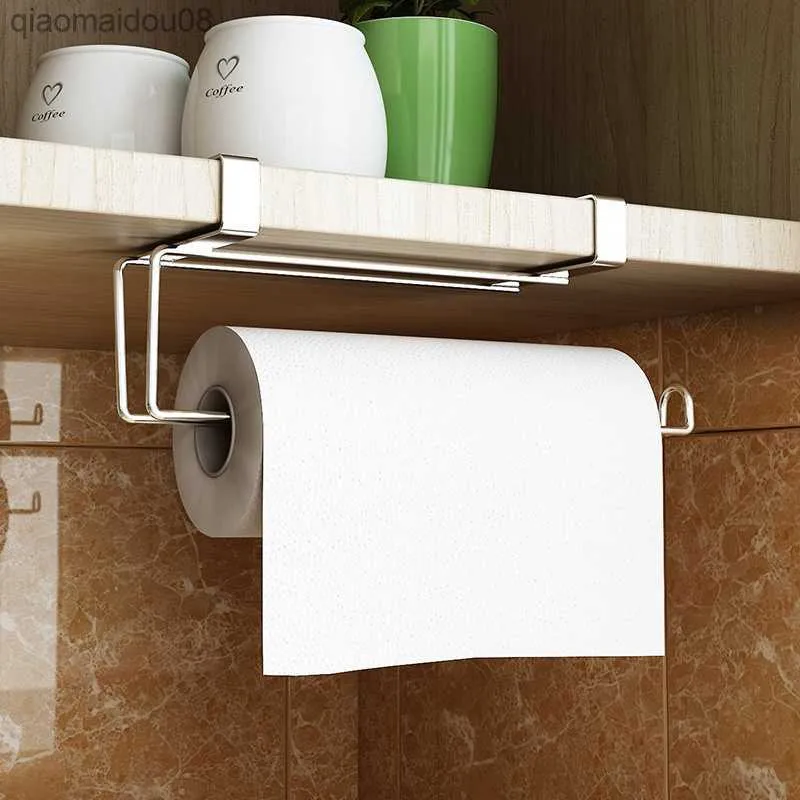 Paper Roll Towel Holder Stainless Steel Racks Under Drawer Cabinet Door Back Hanging Hook Holder Kitchen Bathroom Gadget L230704