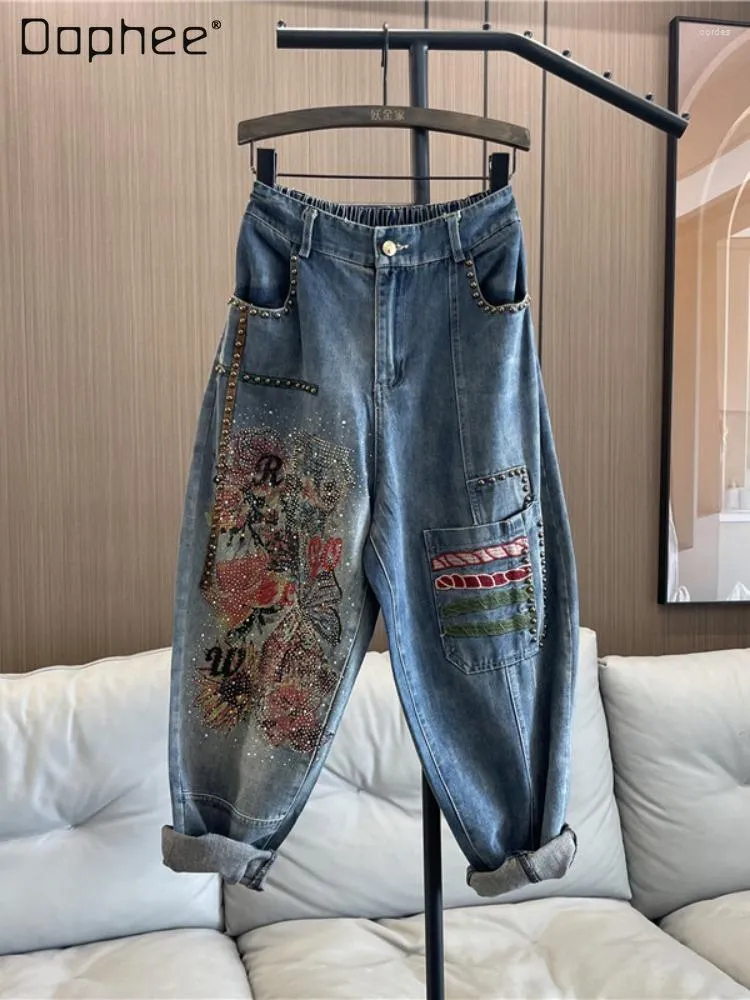 Jeans da donna elastico in vita strass blu femminile 2023 pantaloni Harem larghi dritti primavera estate donne larghe alla moda