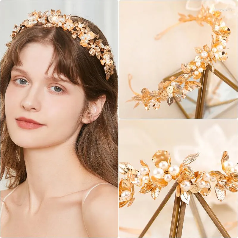Haarspangen, Brautkrone, goldfarben, mit Blumenmuster, für Damen, eingelegte Perlen, handgefertigter Schmuck, Hochzeits-Party-Accessoires