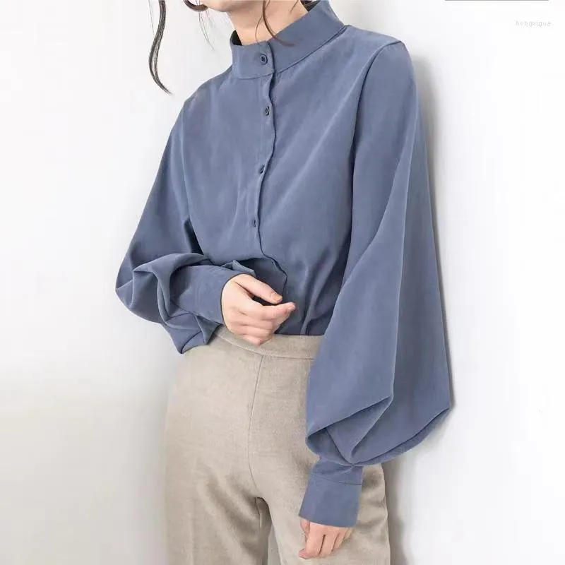 Women's T Shirts Female Office Work Blouse Solid White Tops Big Lantern Sleeve Women Spring Fashion Single Breasted Stand Collar