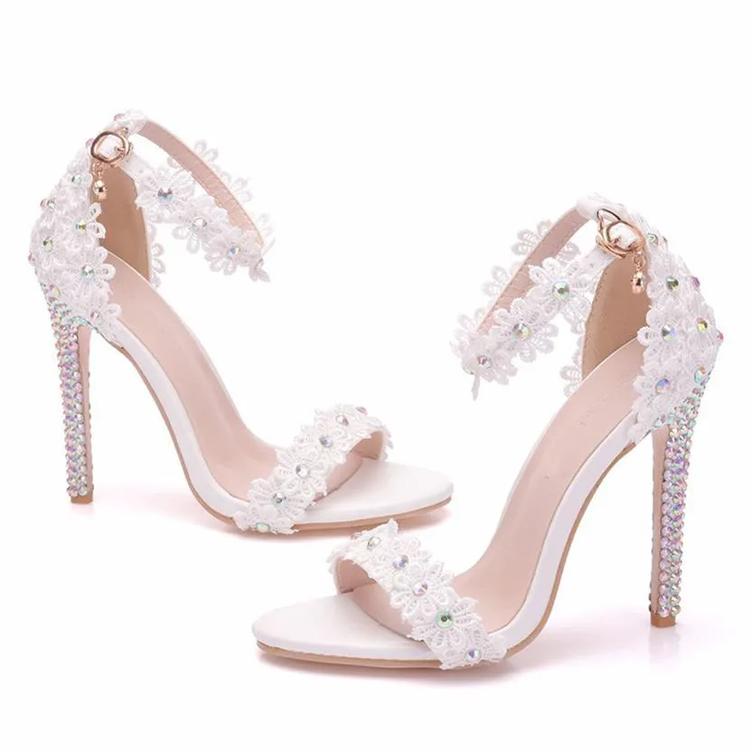 Sandales d'été dentelle blanche bride à la cheville sandale de mariage 11 cm talons hauts bout ouvert talon mince femme robe de soirée Shoes253A