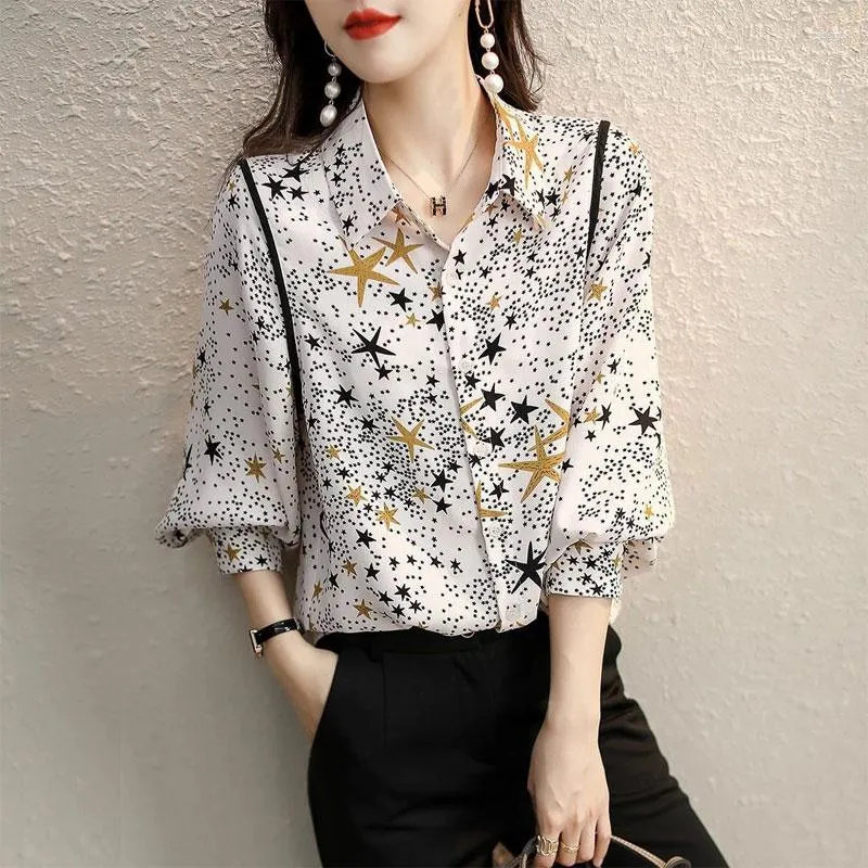 Damskie bluzki stylowe luźne gwiazdy koszulę Kobieta odzież do pracy Polo Neck swobodne splicowane wiosenne jesienne koreańskie koreańskie