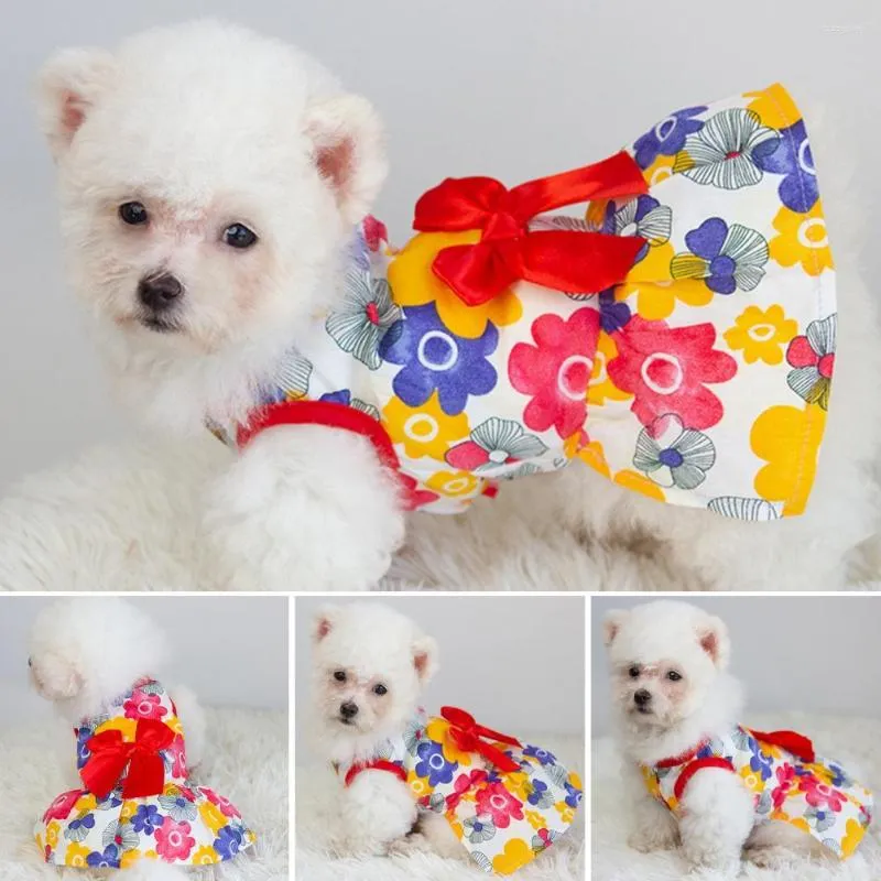 Ropa para perros Verano Estampado floral Pequeños perros medianos Vestido Encantador Bowknot Decoración Sin mangas Pata delantera Vacaciones Traje para mascotas