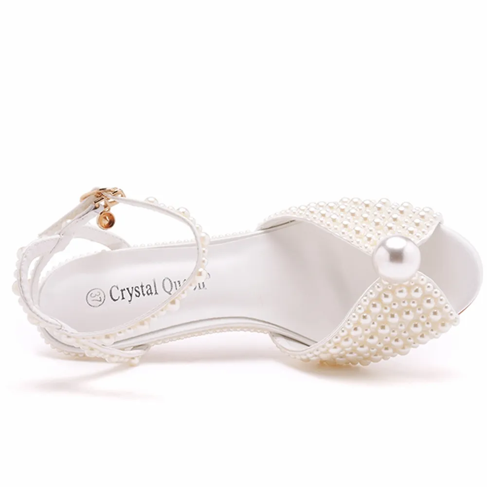 Charming White Pearl Wedding Shoes 2023 6 cm Stiletto Heels Ankle Strap  Open / Peep Toe Wedding