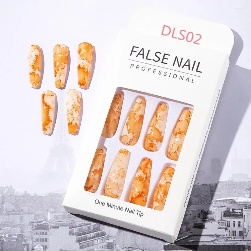 Faux Ongles Nail Enhancements Ballet Long 24pcs Brillant Huile Fleur Marbre Motif Simple Et Amovible Patch Appuyez Sur