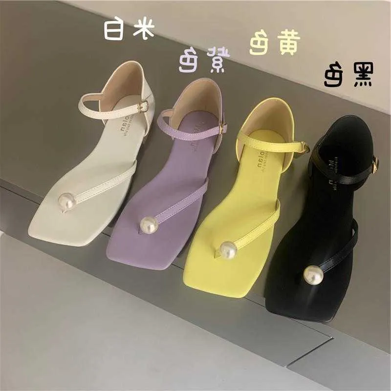 Toteme designer shoes 2023 Grape Mom Same Style Top-quality Simple Square Head Pearl Pintoed Sandals One Line Buckle Low Heel Sandals Womens Summer
