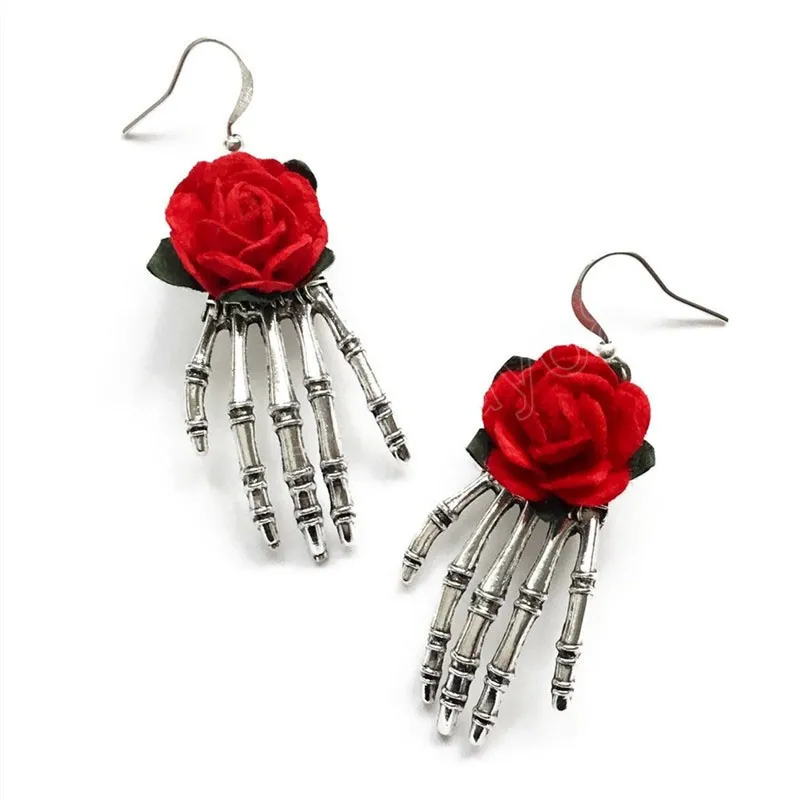 Mode crâne main boucles d'oreilles femmes mode créatif gothique alliage rouge Rose fleurs boucles d'oreilles Halloween fête bijoux cadeaux