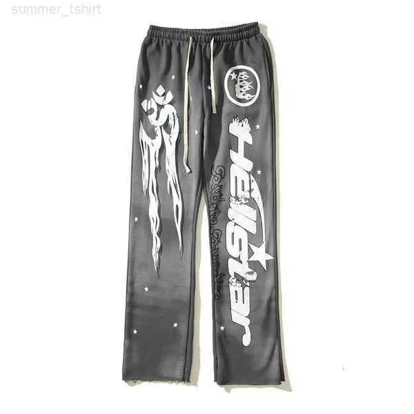 Designer Pants 2023 Hellstar Grey Oversize Retro Mud Print Worn Sports Casual Trousers High Street Men's Women's Bell-bottoms 143NT