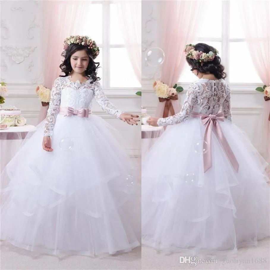 Günstige weiße Blumenmädchenkleider für Hochzeiten, Spitze, langärmelig, Mädchen-Festzug-Kleider, Erstkommunion-Kleid, kleine Mädchen, Abschlussball, Ball G2147