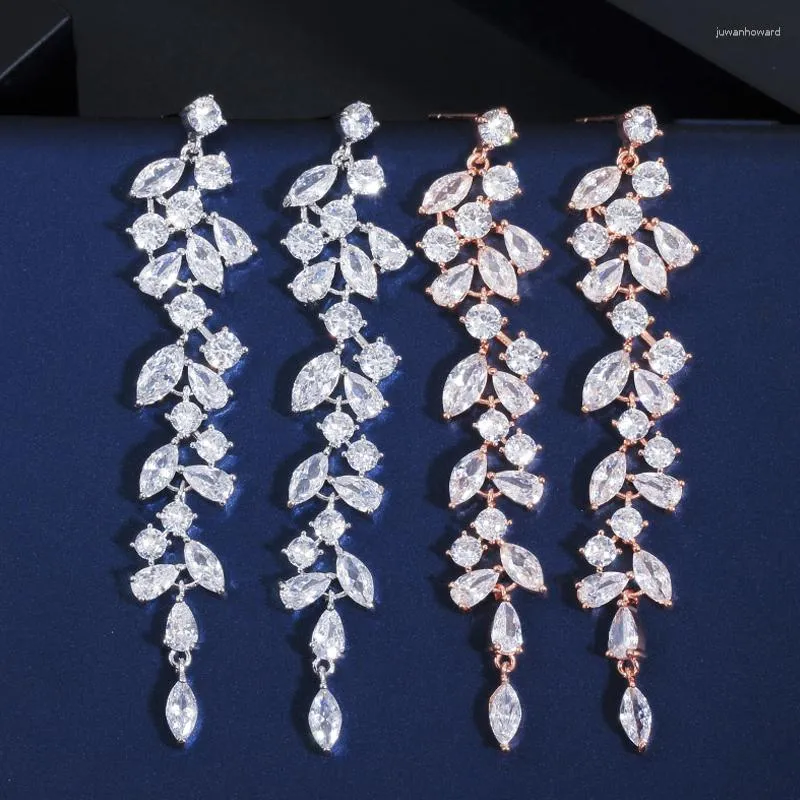 Boucles d'oreilles pendantes ThreeGraces élégant zircon cubique couleur or Rose longue feuille goutte pour les femmes fiançailles fête bijoux E1262