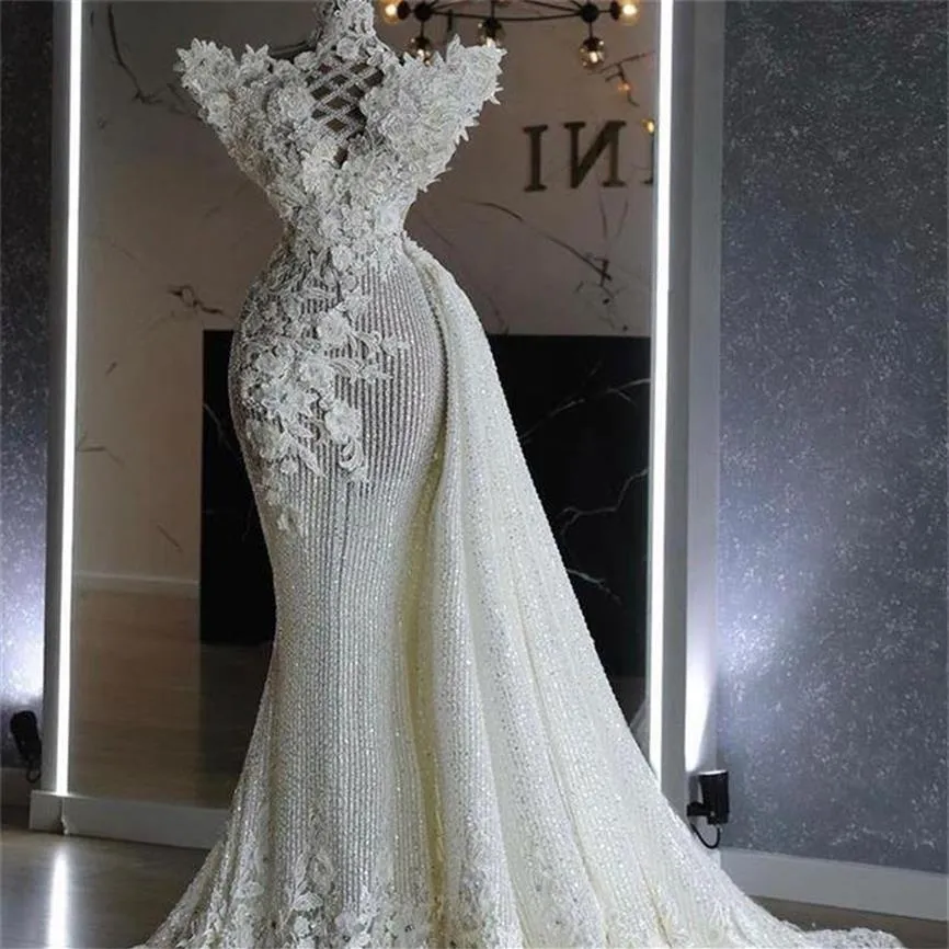 2022 Stylish Mermaid Wedding Dress with Detachable Train Sequined Lace Floral Appliques Bridal Gowns Elegant vestido de novia1702