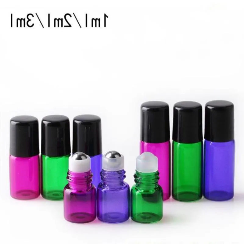 Prix de gros 3000Pcs 1ml 2ml 3ml Bouteilles colorées en verre Mélanger 3 couleurs Mini bouteilles d'huile essentielle avec rouleau en acier inoxydable Noir Li Llwc