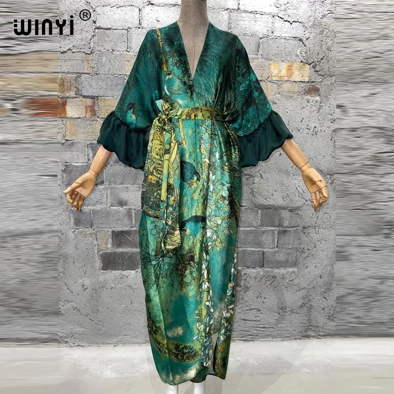 Basic Casual Dresses WINYI Fashion print Self Belted dress Women Elegant Summer holiday Bubble sleeve cardigan beach Wear Swim Suit cover up kimono 230719