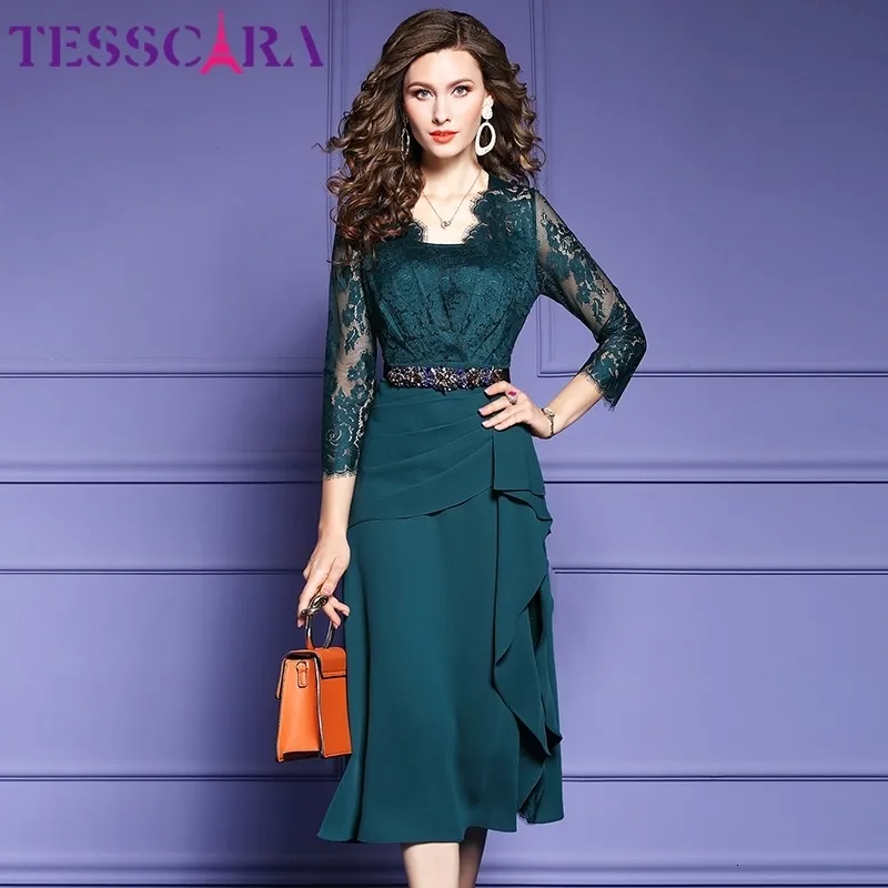 فساتين غير رسمية أساسية Tesscara Women Spring Autumn Dress Elegant Dress Festa عالية الجودة الطويل الخضراء حفل كوكتيل Robe Vintage Lace Designer Vestidos 230719