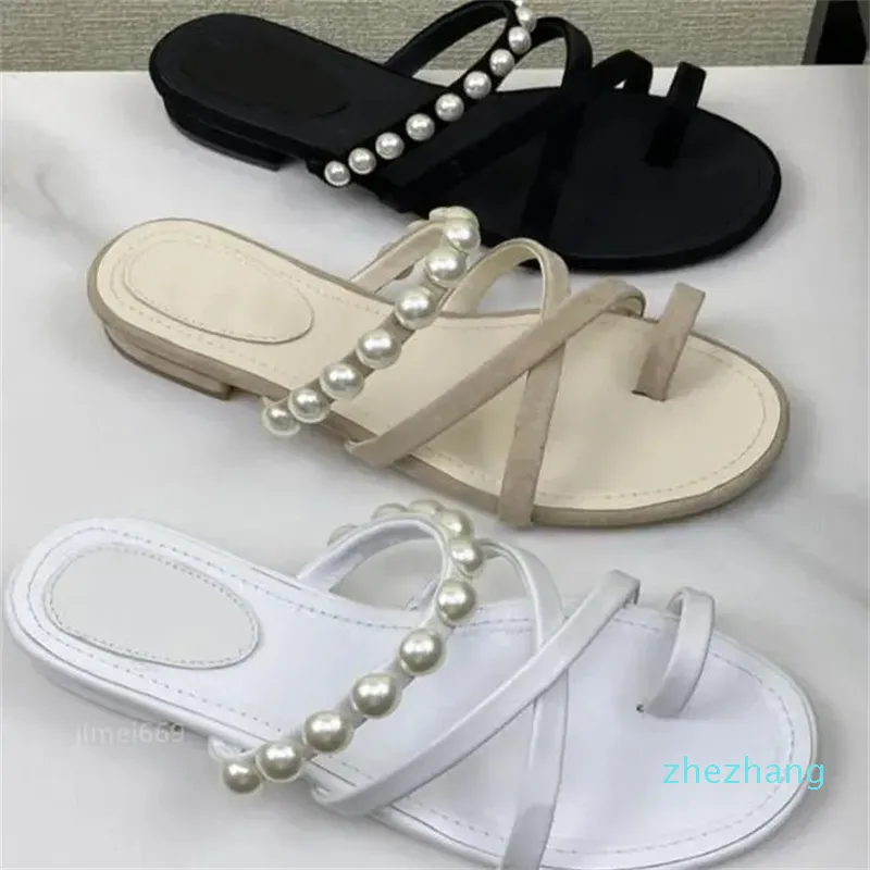 2023 New Sandals Cross strap combination women's slippers pearl flat sandals Simple design solid color Clip toe flip flop sliper fashion versatile