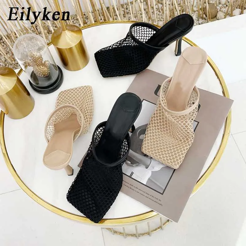 サンダルEilyken 2023 New Hollow Breseable Mesh Woman Thin High Heels Slippers Summer Vintage Square Toe Mule Femme Shoes Pumps Sandals L230720