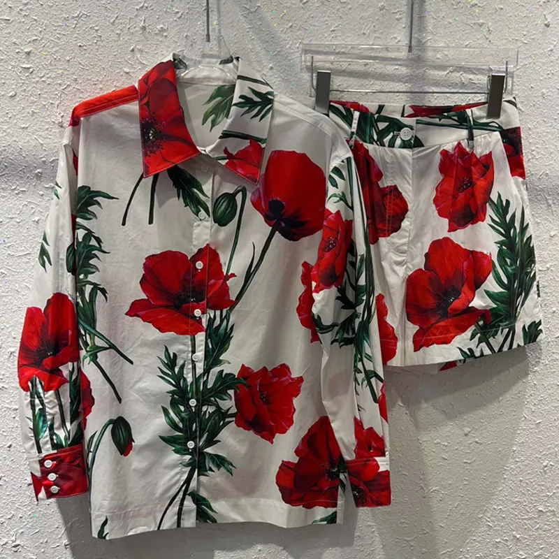 Calça Feminina de Duas Peças Red RoosaRosee Moda Cotton Twinset Vintage Turn Down Gola Estampada Blusa Resort Ternos Conjunto 2023 Primavera Verão Feminino 230720