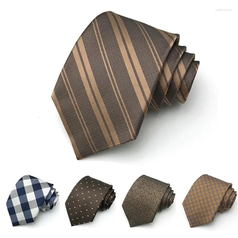 Bow Ties Brand Fashion Formal 8CM Wide Brown Stripe Tie For Men Gentleman Business Suit Necktie Work Party Wedding Gift Box