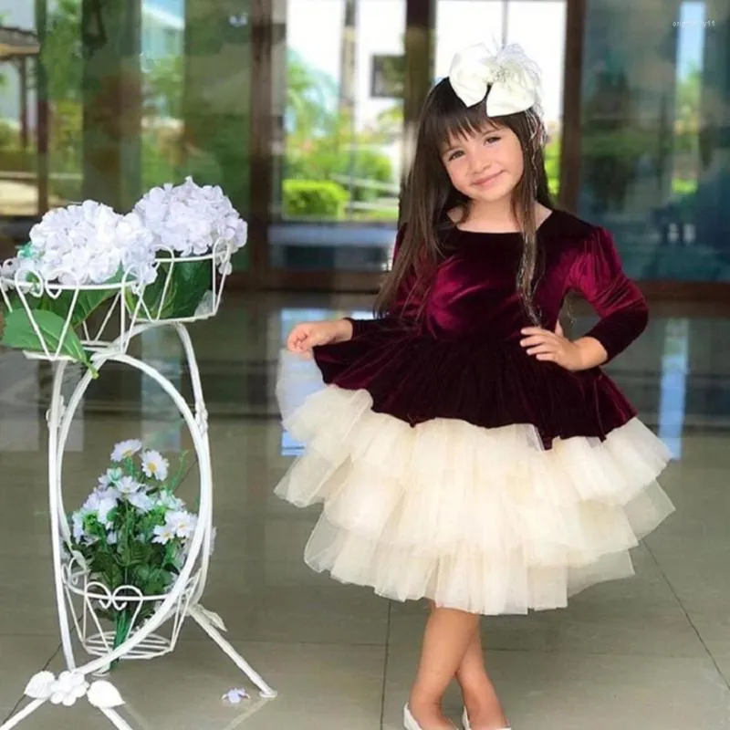 Girl Dresses Velvet Puffy Flower Long Sleeves Illusion Back Wedding Party Bow Birthday Gowns Winter