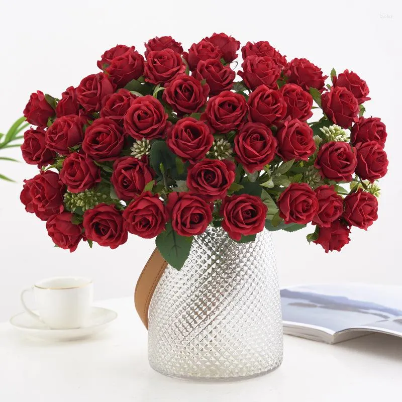 Kwiaty dekoracyjne 10 głów Silk czerwona sztuczna róża majsterunek