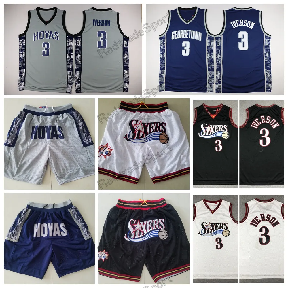 Vintage Just Iverson Don Allen Georgetown Hoyas Basketball Shorts College Pocket Pants Sport Retro Black Hip Hop White Grey Mens Męs zszyte logo S-xxl