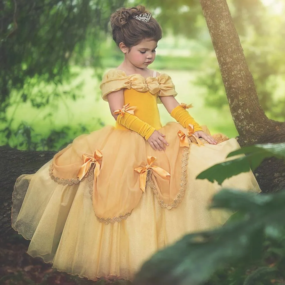 Abito da principessa Abiti da sera per bambini per ragazze Costumi di travestimento Abito elegante fantasia gialla Fata Bellezza Abiti da festa di Halloween