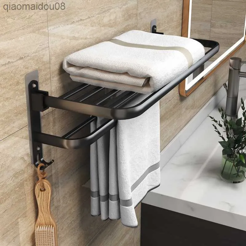 Zwart Badkamer Planken Zonder Boren Handdoekenrek Beweegbare Handdoekhouder Aluminium Douche Opbergrek Badkamer Organizers L230704