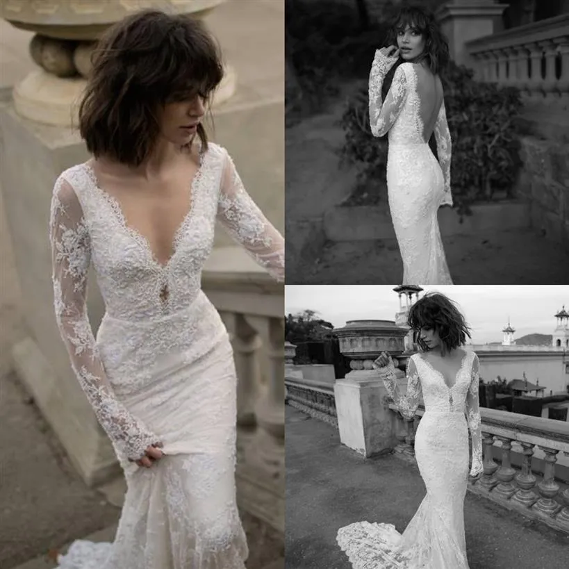 Designerin Liz Martinez 2016 Boho-Meerjungfrau-Hochzeitskleider mit tiefem Ausschnitt, langen Ärmeln und Spitze, sexy, offener Rücken, Brautkleider in Übergröße 2965