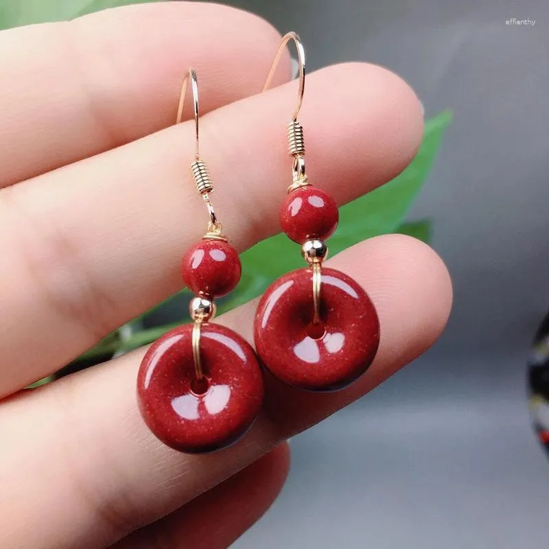 Boucles d'oreilles pendantes personnalisées perles de beignet de cinabre rouge naturel accessoires ronds de Jade bijoux à bricoler soi-même mode homme femme amulette de chance