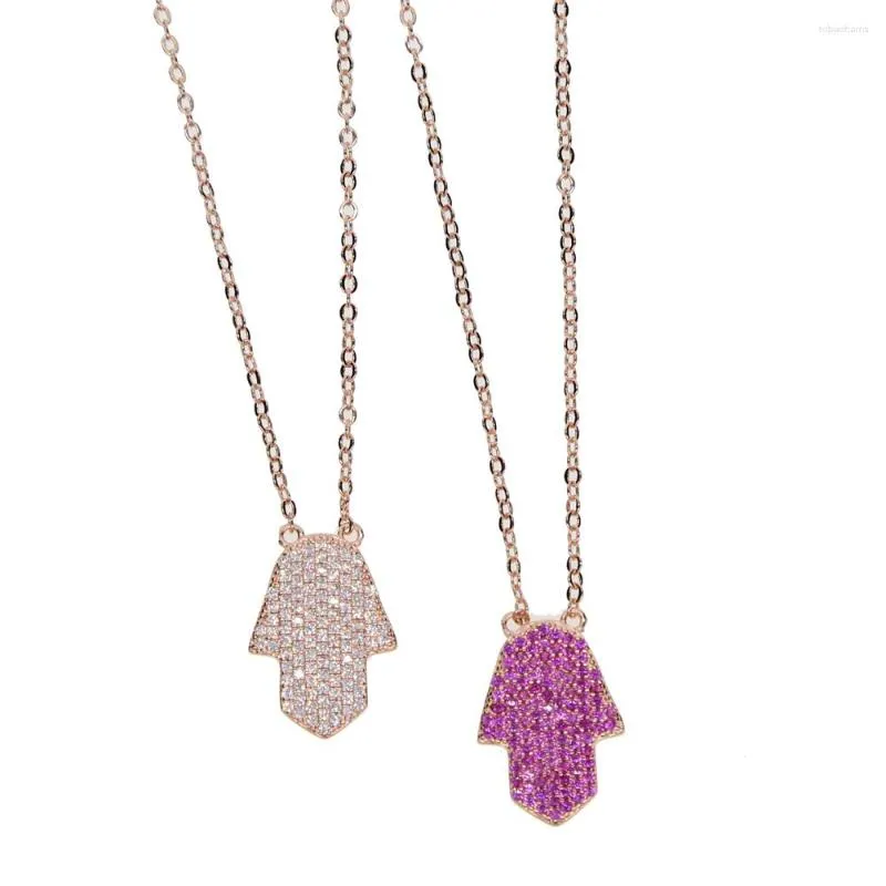 Chaînes Rouge Blanc Cz Pavé Rose Or Couleur Bohême Mode Femmes Turc Hamsa Main Pendentif Collier