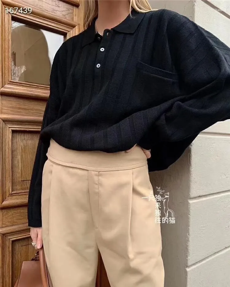 Women's Sweaters Wool Sweater Shirt Collar With Buttons Drop Shoulder Long Sleeves Chest Pocket Oversized Jumper 2023