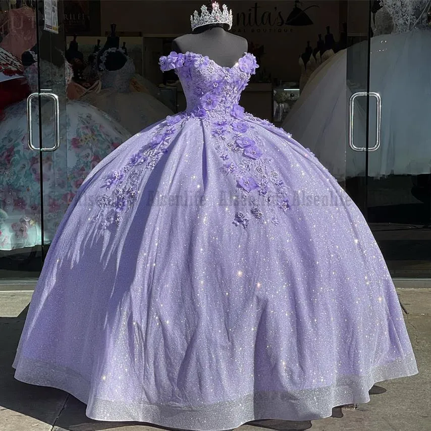 Princess Lilac Quinceanera klänningar 2022 av axelapplikationer spets söt 15 parti glittrande födelsedagsklänningar skräddarsydda234j