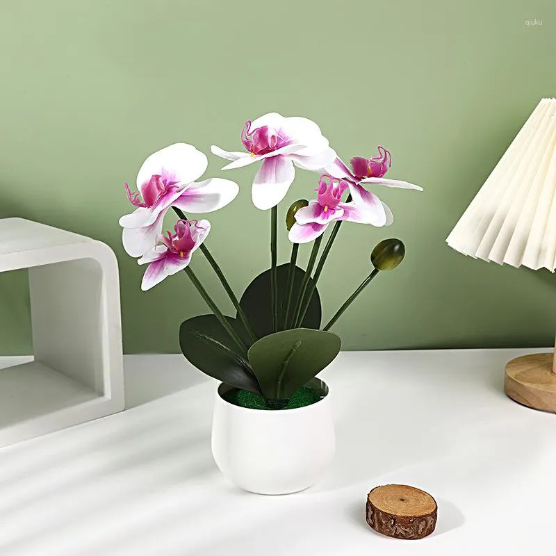 Fleurs décoratives réaliste Phalaenopsis ornements soie maison mariage bureau Simulation vert Tube faux 7 tête cinq plantes en pot