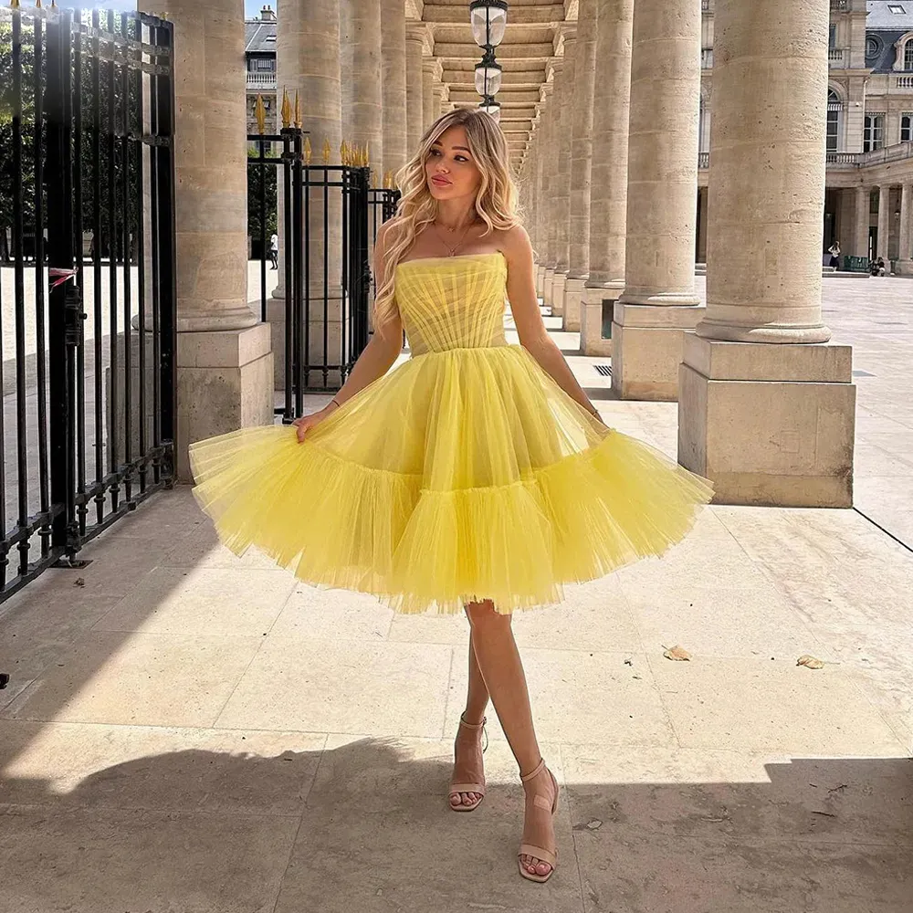 Yellow Strapless Knee Length Homecoming Dresses Ruched Tulle Graduation Party Gown Puffy Skirt Special Ocn Events Gowns For Female 326 326