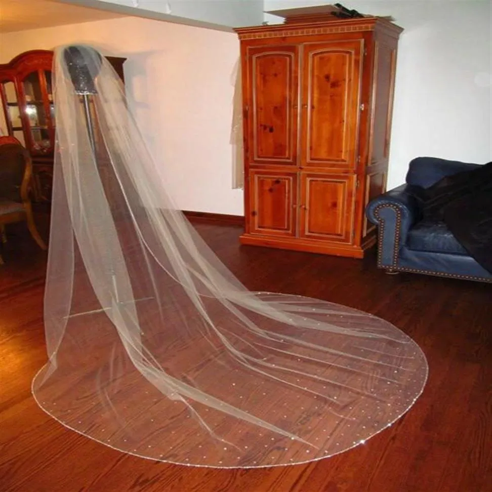sell One layer White ivory Champagne Wedding Veil Beaded Edge Bridal Veil With comb Cathedral length242L