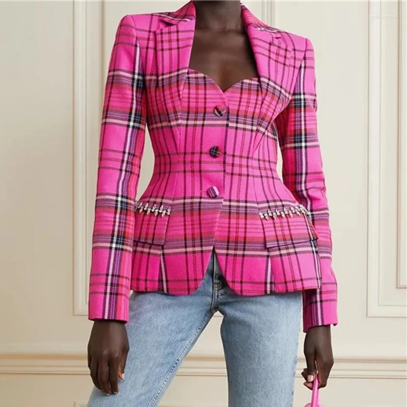 Women's Jackets Pink Plaid Slim Jacket Sexy Backless Hollow Single-Breasted Square Collar Beaded Short Coat 2023 Spring Summer Brand Clothes