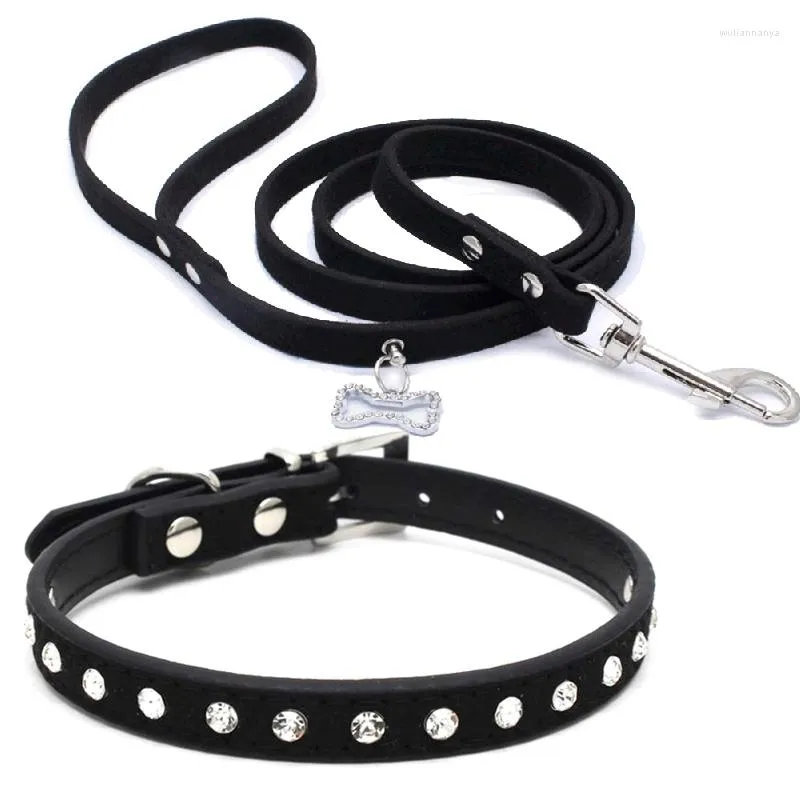 Dog Collars Rhinestone Pet Collar Leash For Small Dogs Adjustable Suede Leather Puppy Cat Walking Leads Outdoor Necklace Leashes Set